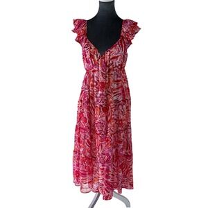 Gilli Pink Orange Floral Bohemian Ikat Tiered Maxi Dress Ruffle Sleeve Juniors L